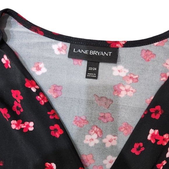 Lane Bryant Black Red Floral Faux Wrap Surplice V-Neck Split Tie Dresss 22/24 - Picture 8 of 8